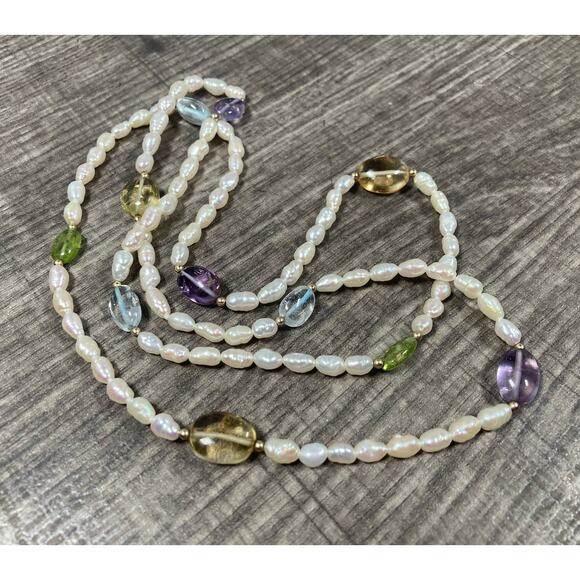 Baroque Fresh Water Rice Pearl Strand Necklace Semi Precious Stones 28.5” - Picture 7 of 9